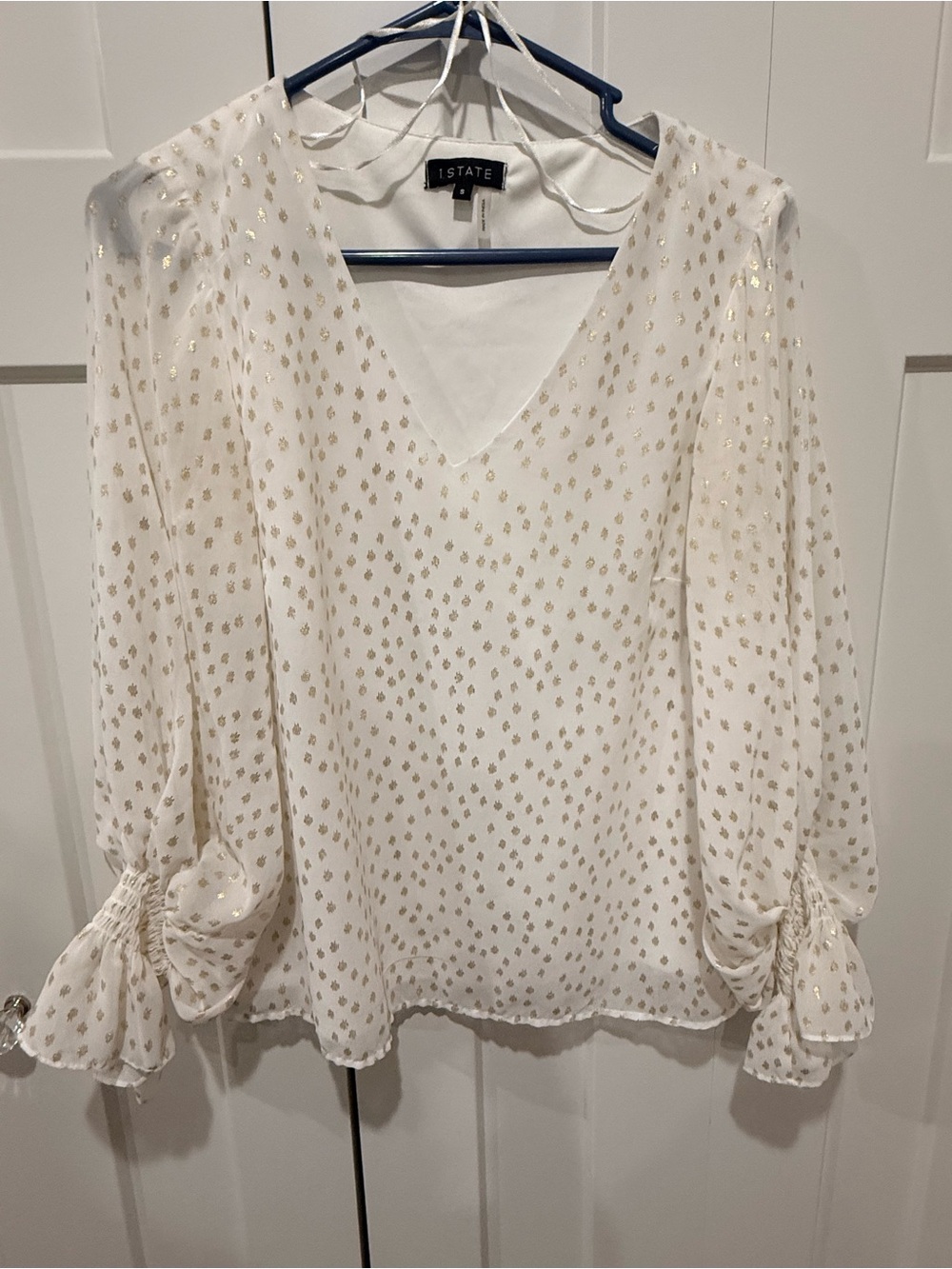 1. State White V-Neck Blouse with Gold Dot Accents